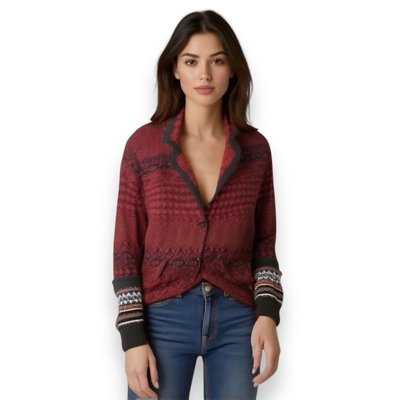 Shari B. Green Sweaters - Shari B. Green Collared Cardigan Sweater L Red Black Pockets Vneck Heavy L